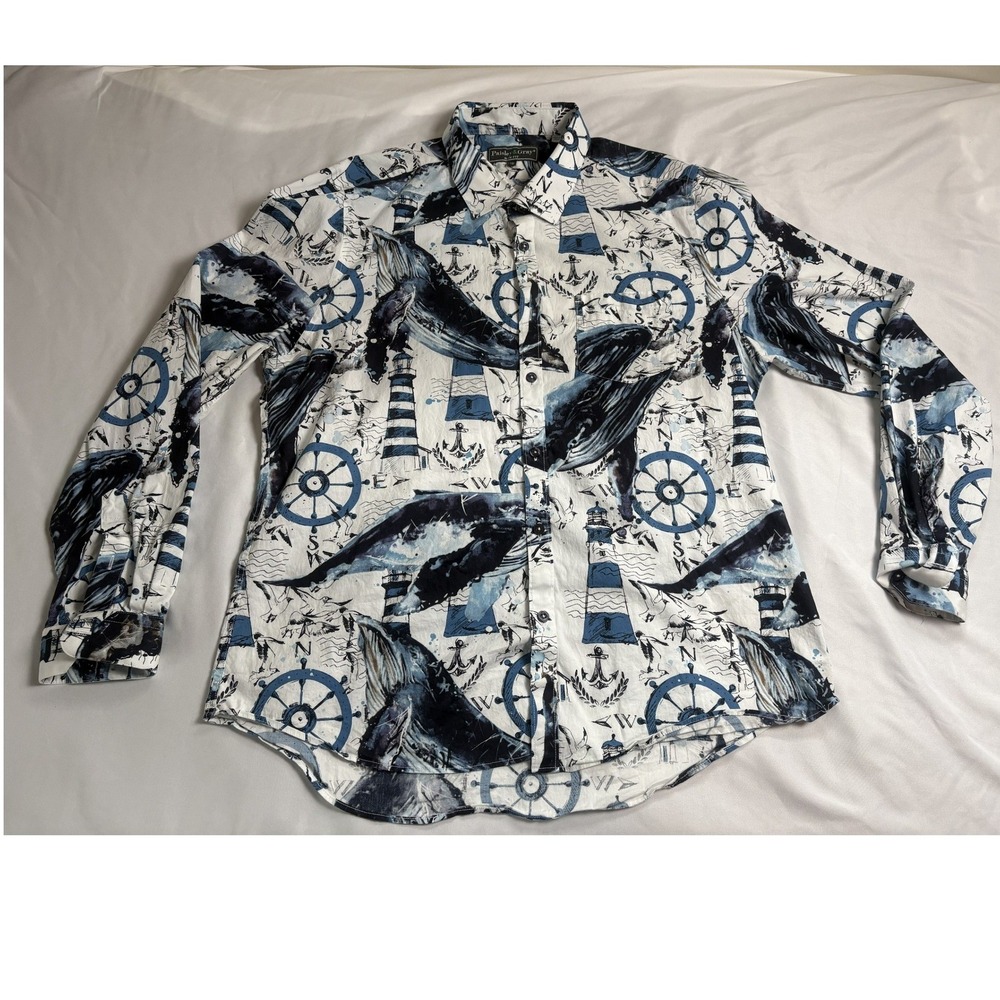 Paisley & Gray Button Down Men XXL White Excellent Whale Lighthouse Nautical